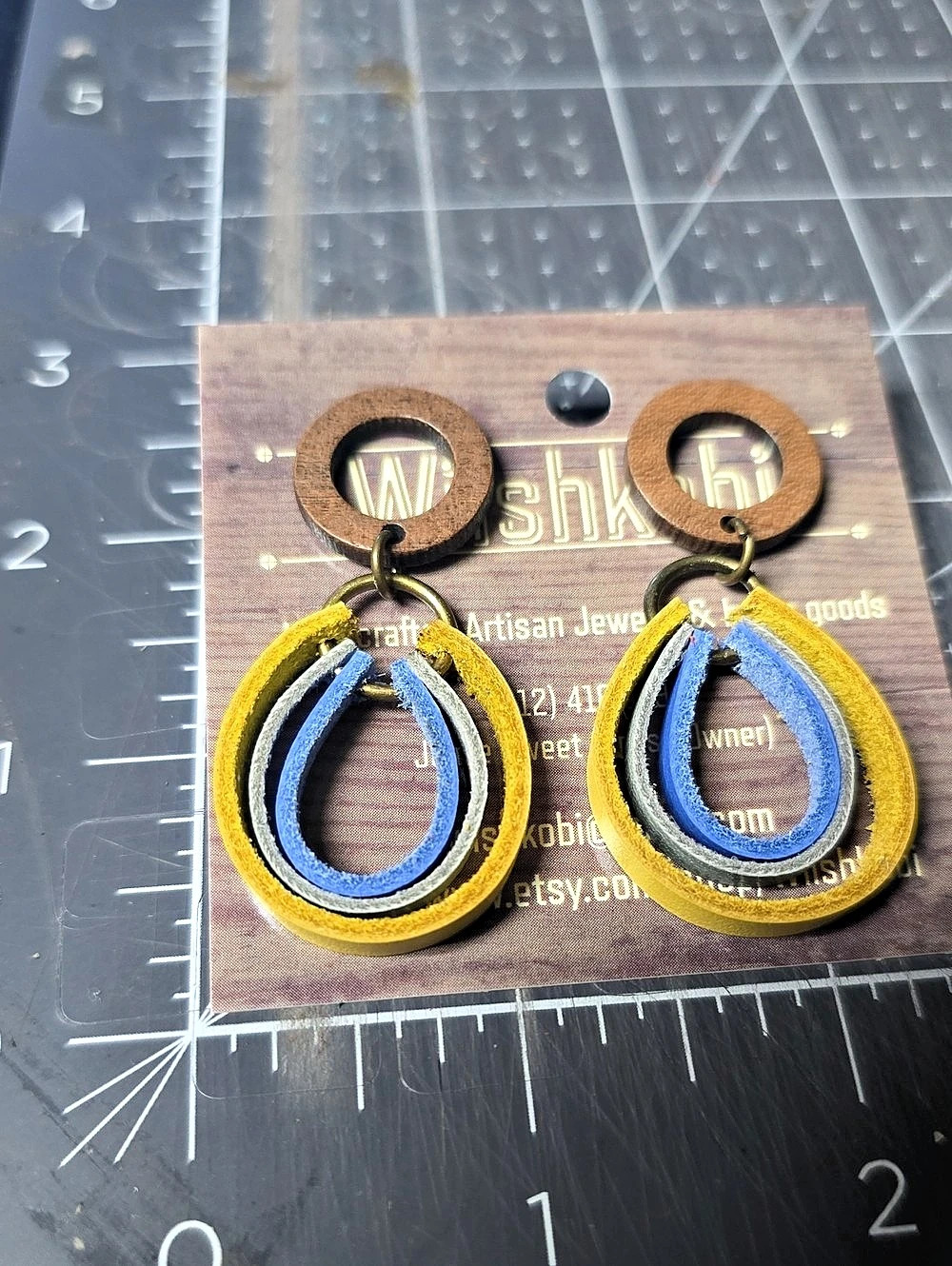 Wiishkobi Leather Layered Statement Earrings in Yellow & Blue. Wood& Stainless.